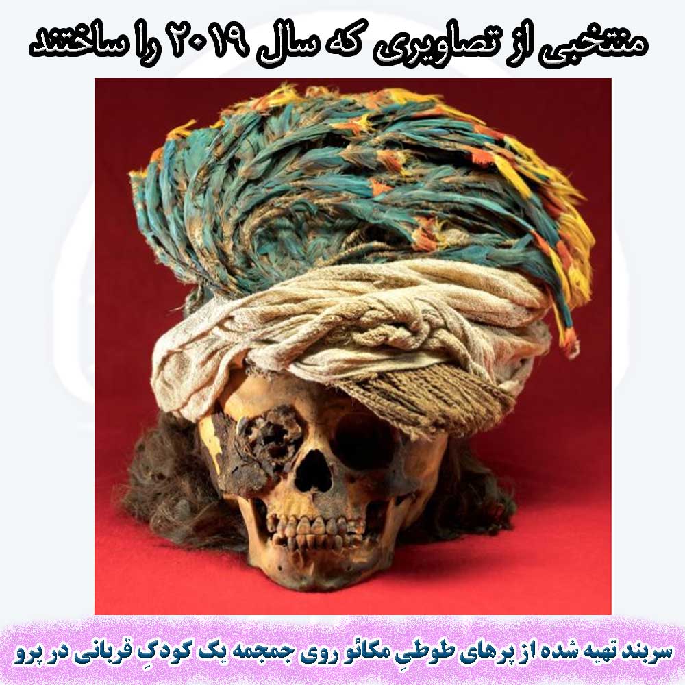 سربند تهیه شده از پر‌های طوطیِ مکائو روی جمجمه یک کودکِ قربانی